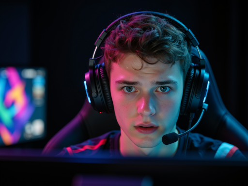 游戏场景展示,年轻男性在电竞椅上使用护腰坐垫玩游戏,专注投入状态,暗色背景