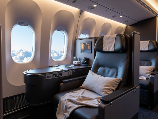 旅行场景展示,中年女性在飞机座椅上使用护腰坐垫休息,舒适放松状态,机舱环境